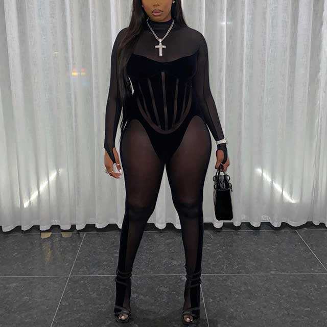 Mesh Long Sleeve Jumpsuit