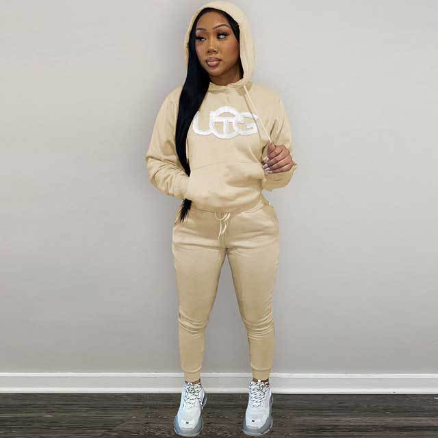 Embroidery Casual Hooded Tracksuit Set