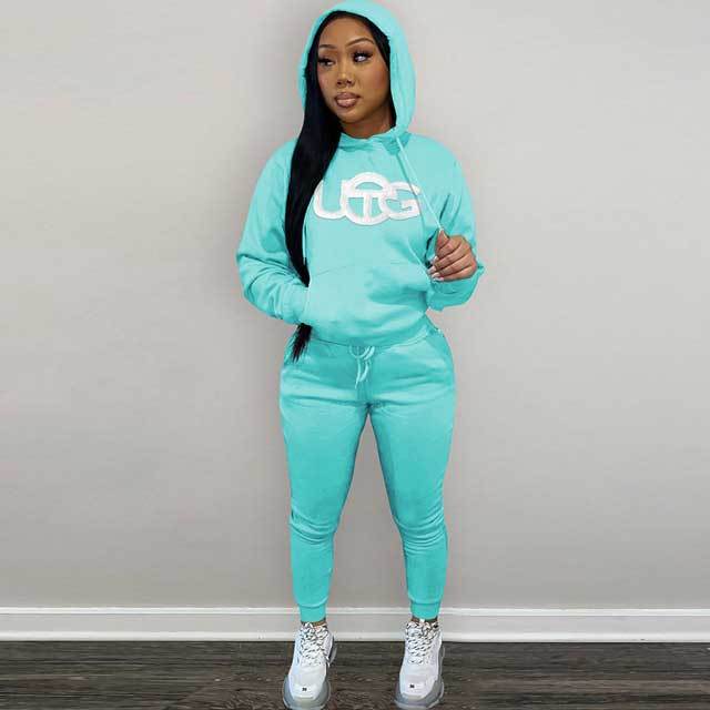 Embroidery Casual Hooded Tracksuit Set