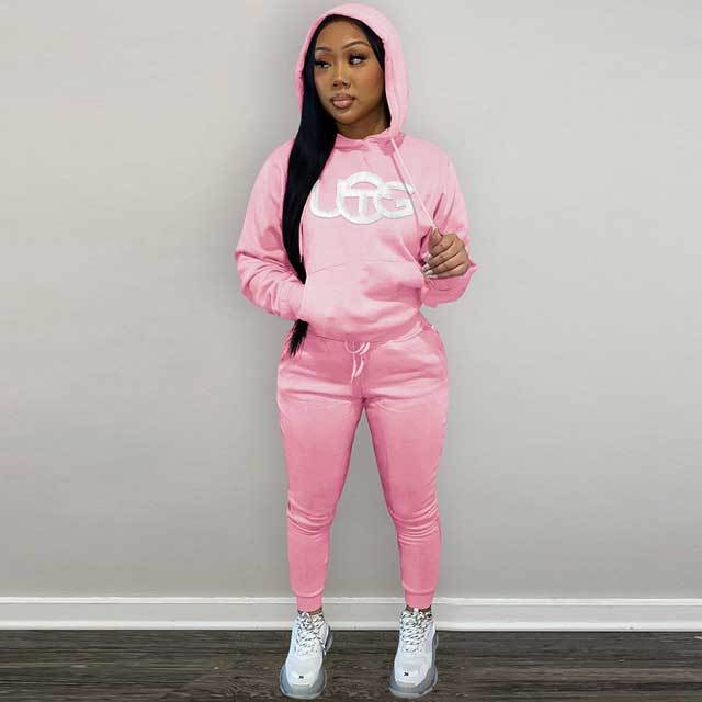 Embroidery Casual Hooded Tracksuit Set