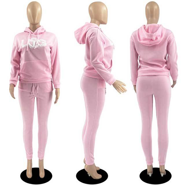 Embroidery Casual Hooded Tracksuit Set