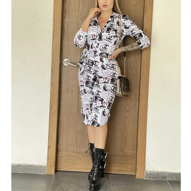 Printed Long Sleeve Shirt Dress