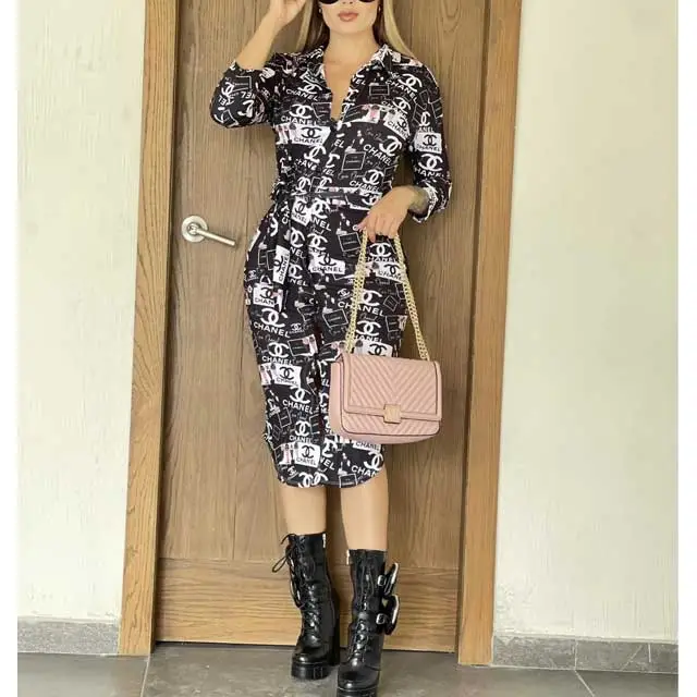 Printed Long Sleeve Shirt Dress