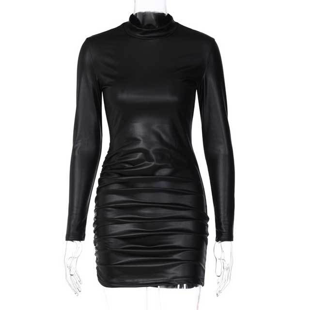 Leather Long Sleeve Ruched Dress