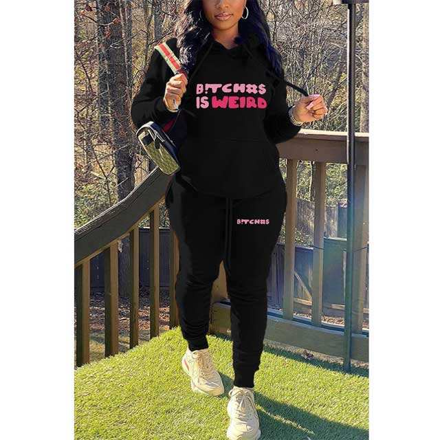Letter Print Hooded Top Casual Tracksuit
