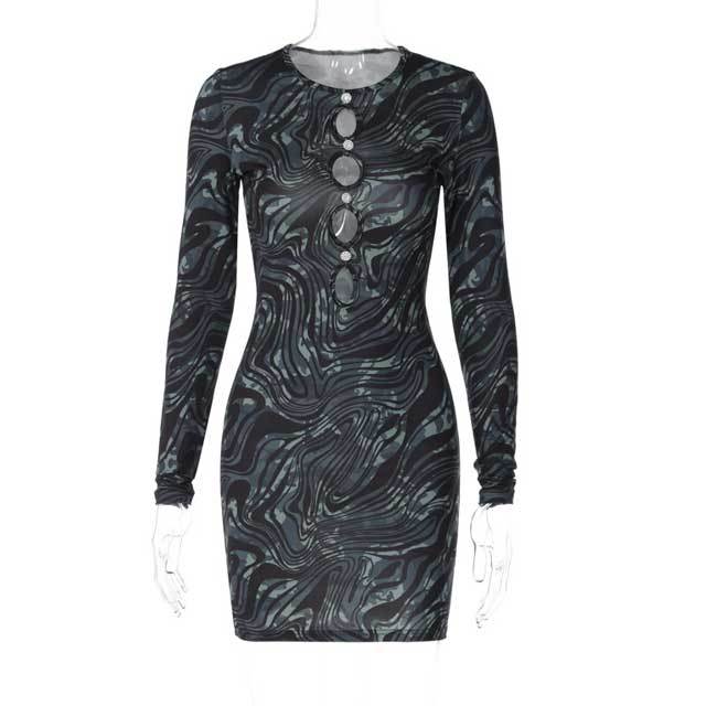 Printed Hollow Out Long Sleeve Dress