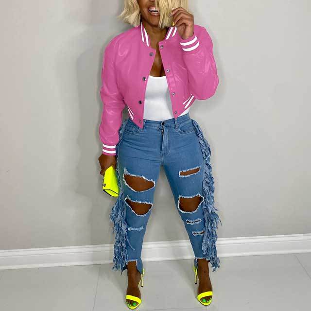 Striped Leather Baseball Jacket