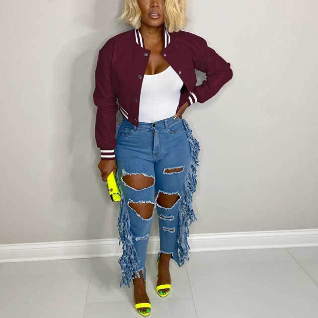 Striped Leather Baseball Jacket