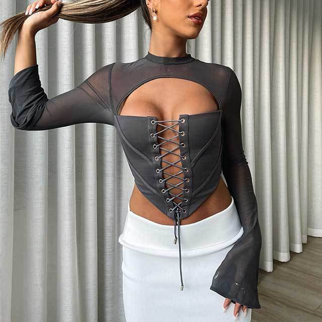 Lace-Up Hollow Out Mesh Top