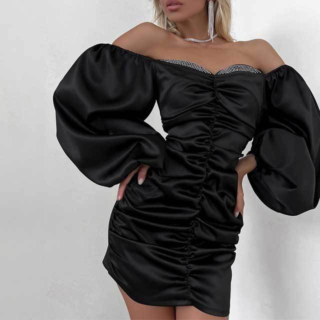 Off Shoulder Satin Ruched Bodycon Dress