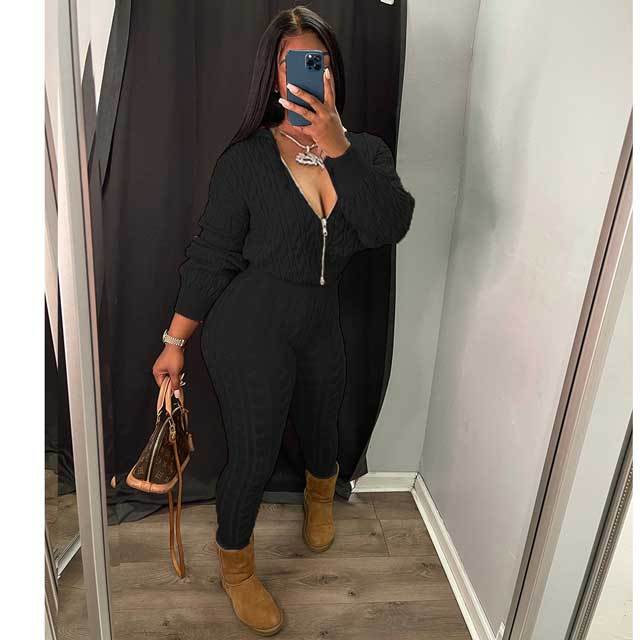 Knit Sweater Zipper Top Pants Set