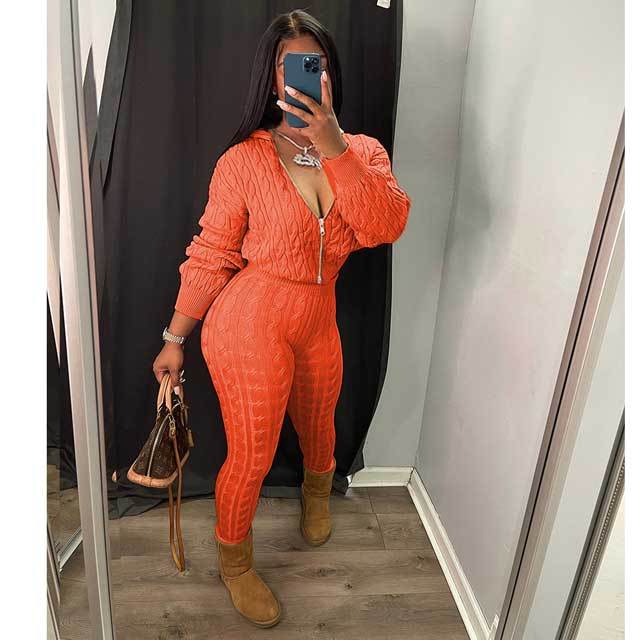 Knit Sweater Zipper Top Pants Set