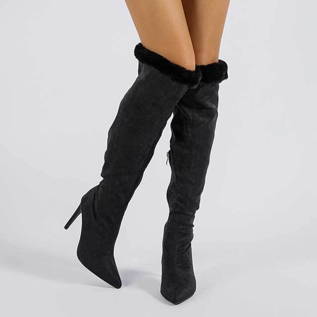 Zipper Thin Heeled Fuzzy Boots