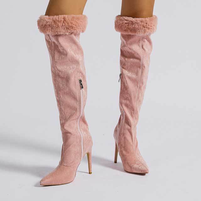 Zipper Thin Heeled Fuzzy Boots