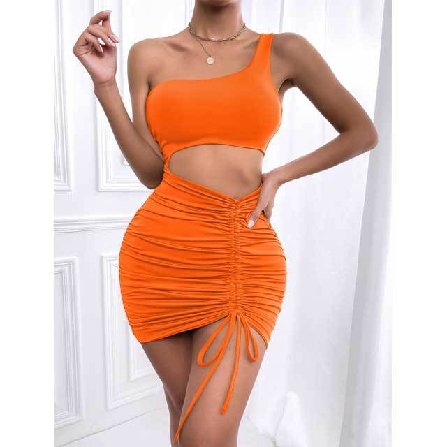 Single Shoulder Hollow Out Ruched Dress