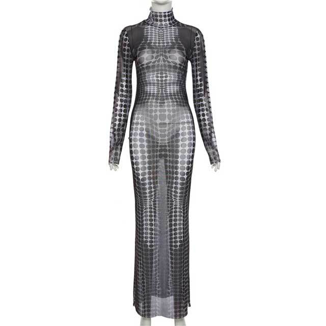 Polka Dots Print Mesh Maxi Dress