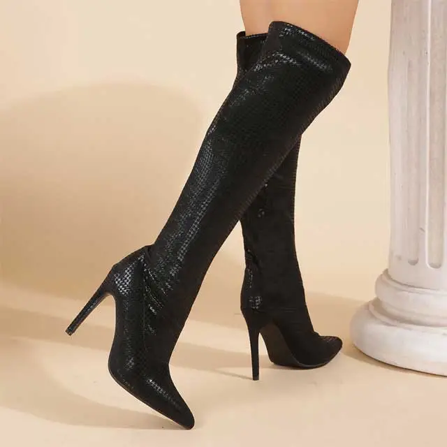 Snakeskin Leather Thin Heeled Boots