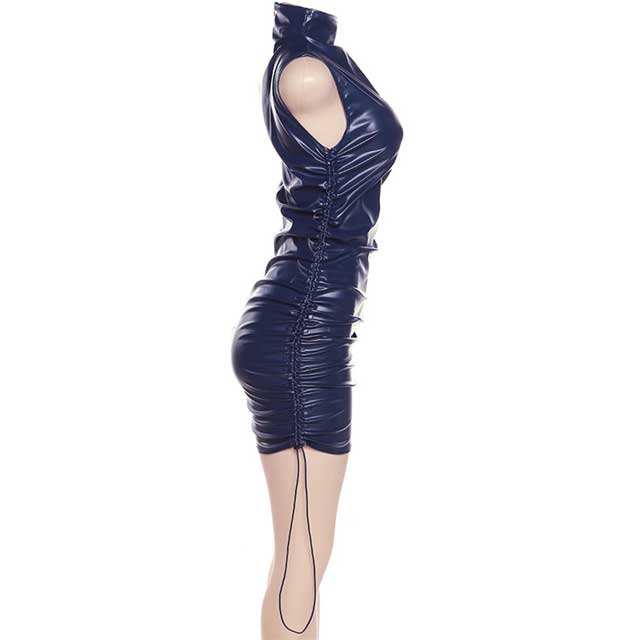 Leather High Neck Ruched Dress