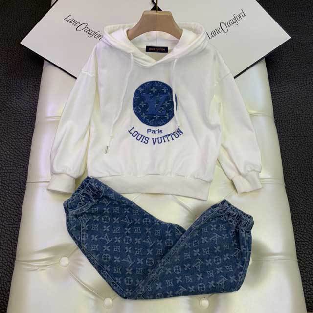 Embroidery Sweatshirt Top Denim Pants Set For Children