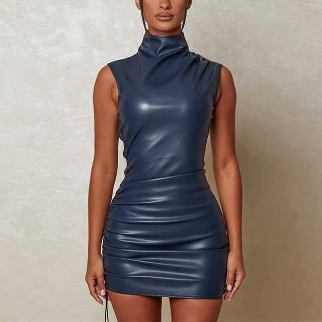 Leather High Neck Ruched Dress