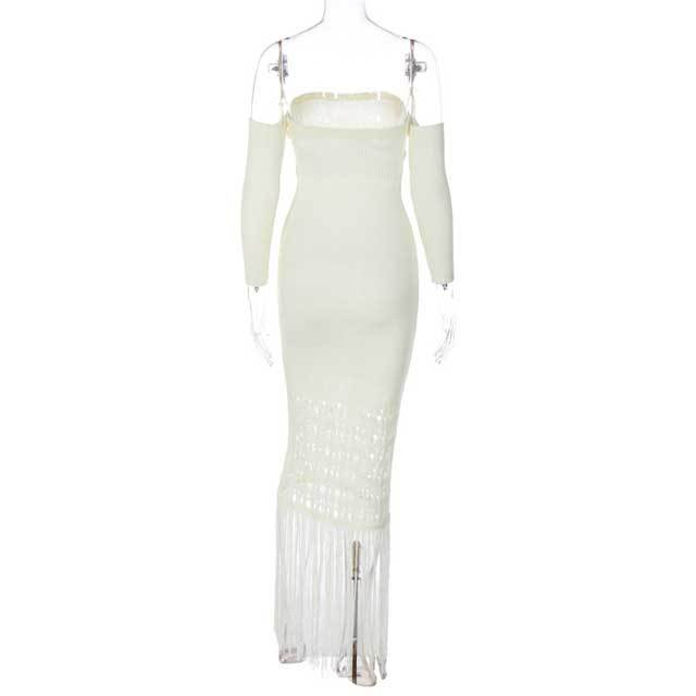 Knit Hollow Out Fringe Maxi Dress