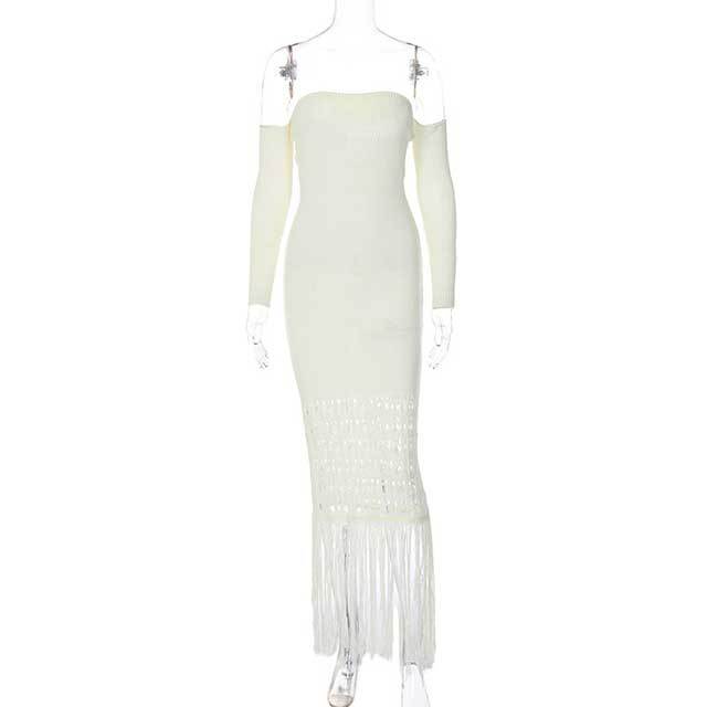 Knit Hollow Out Fringe Maxi Dress