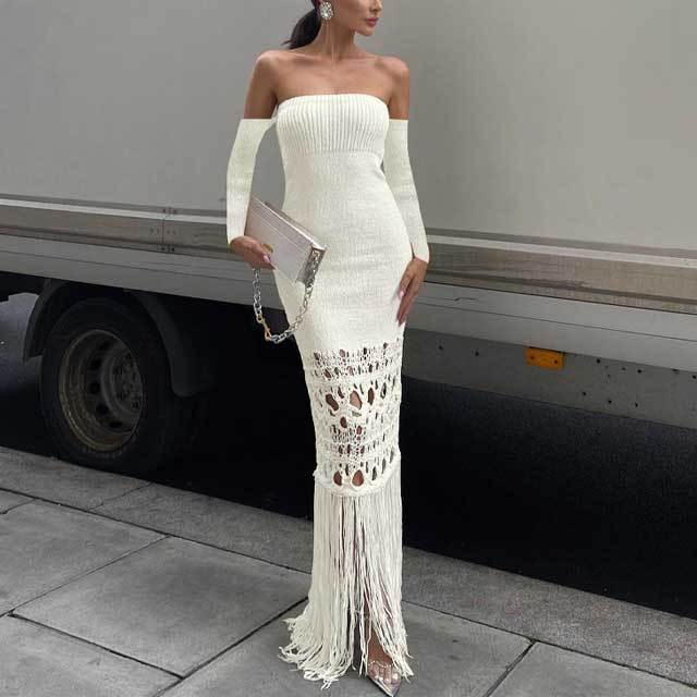 Knit Hollow Out Fringe Maxi Dress