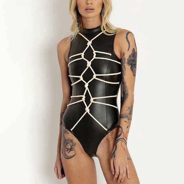 Strappy Detail Leather Bodysuit