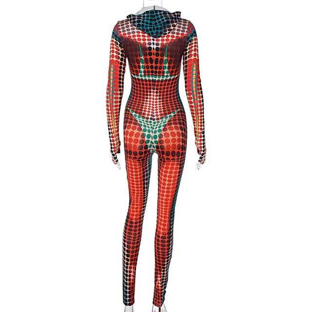Polka Dots Print Zipper Hooded Jumpsuit