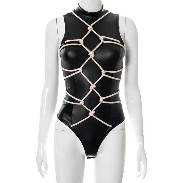 Strappy Detail Leather Bodysuit