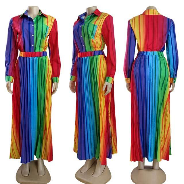 Rainbow Striped Shirt Top Pleated Skirt Set