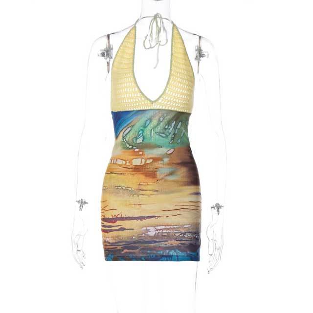 Knit Spliced Halter Bodycon Dress