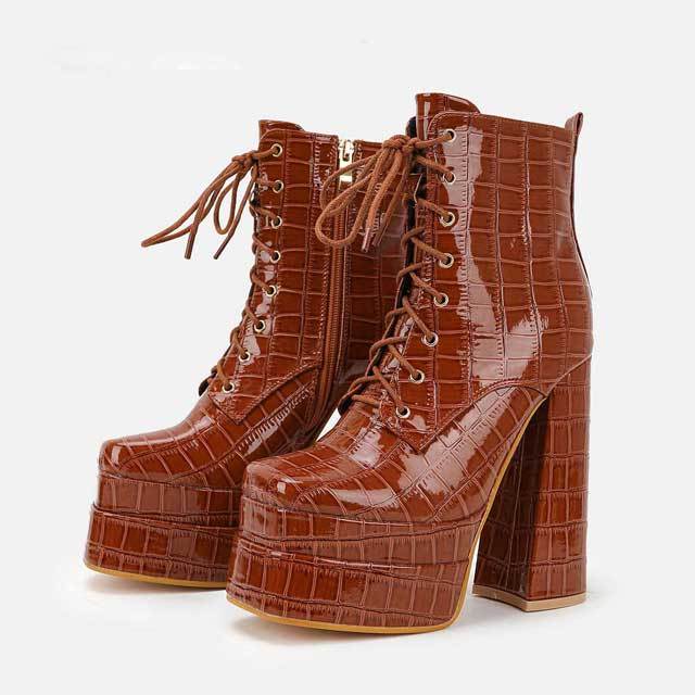 Crocodile Leather High Heeled Lace-Up Platform Boots