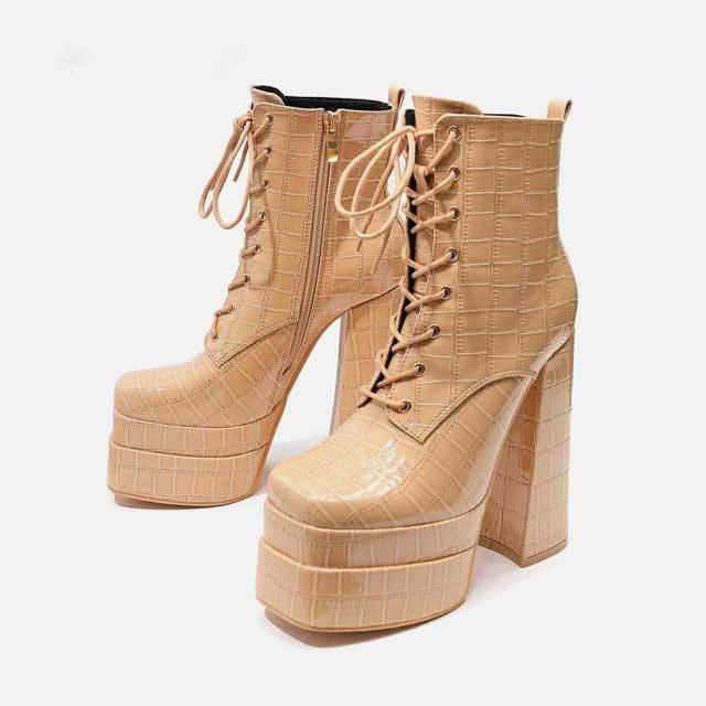 Crocodile Leather High Heeled Lace-Up Platform Boots