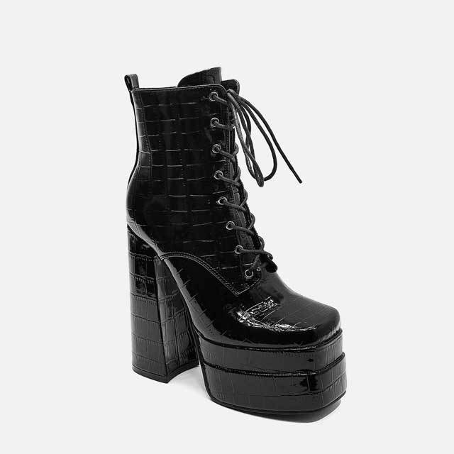 Crocodile Leather High Heeled Lace-Up Platform Boots