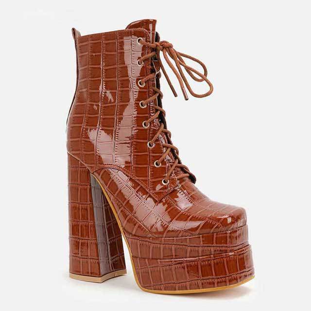 Crocodile Leather High Heeled Lace-Up Platform Boots