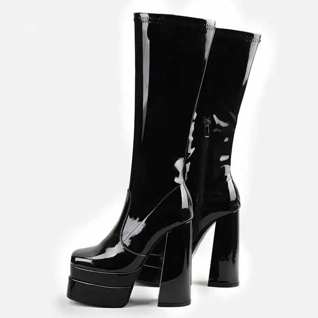 Zipper Leather Chunky Heeled Platform Boots