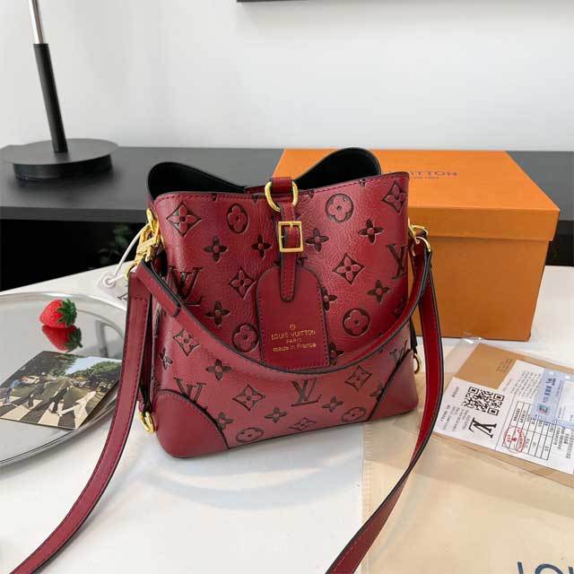 Letter Embossed Leather Bucket Bag