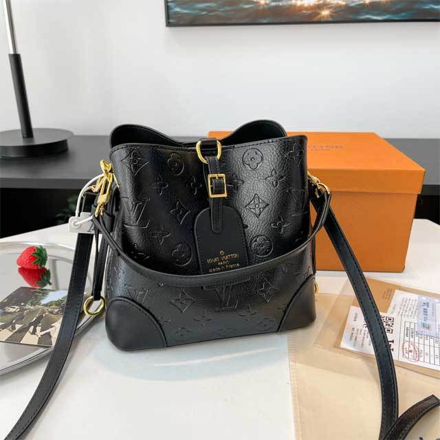 Letter Embossed Leather Bucket Bag