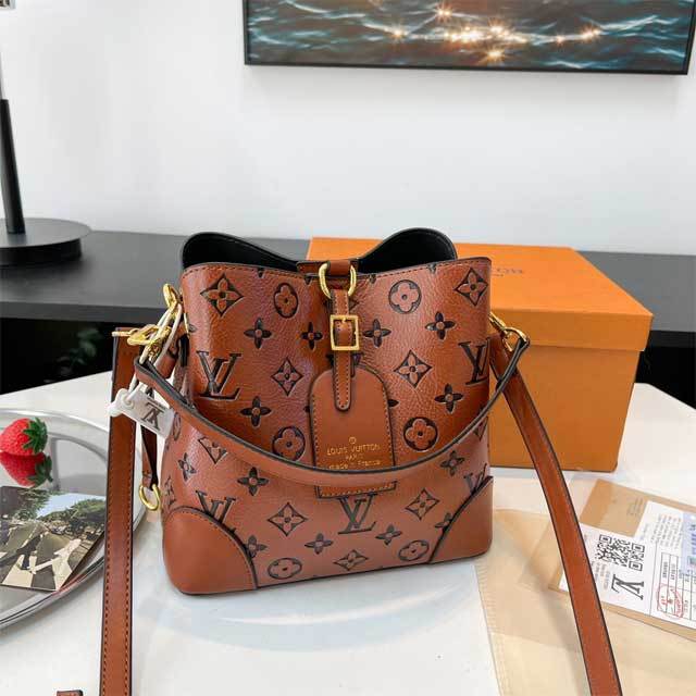 Letter Embossed Leather Bucket Bag