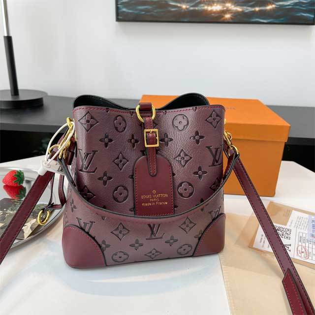Letter Embossed Leather Bucket Bag