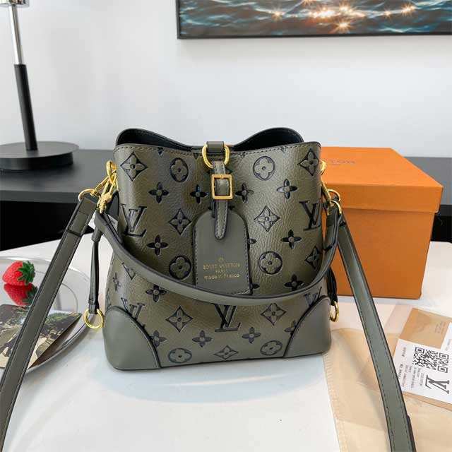 Letter Embossed Leather Bucket Bag