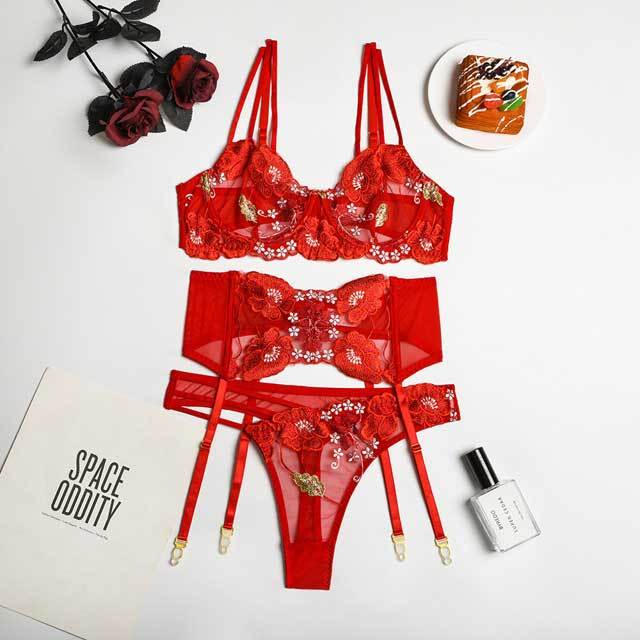 Floral Embroidery Mesh 3 Piece Bra Set