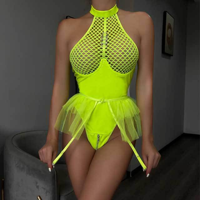 Choker Fishnet Leather Bodysuit