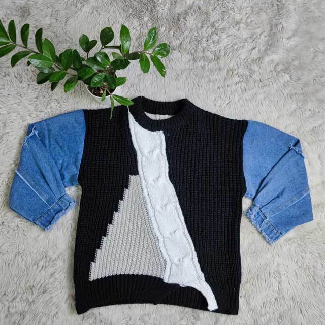 Denim Spliced Sweater Top