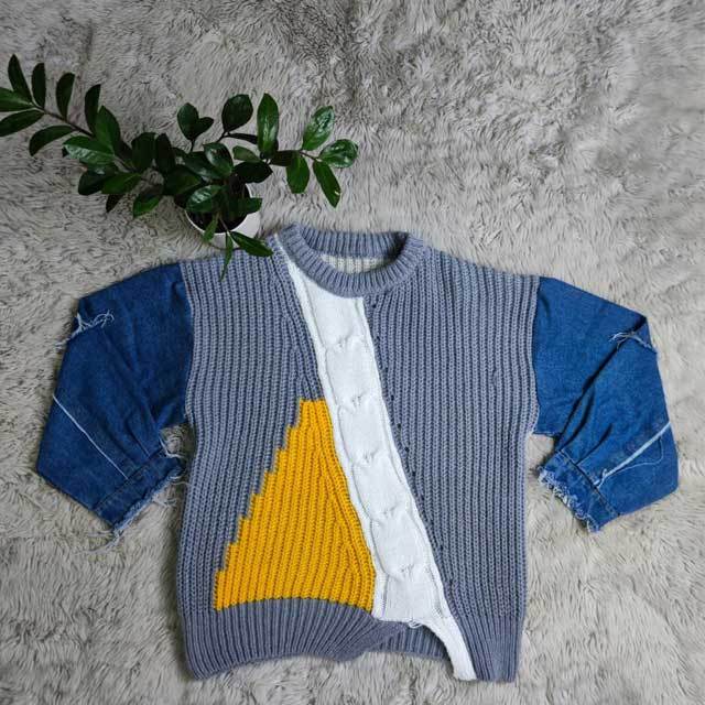 Denim Spliced Sweater Top