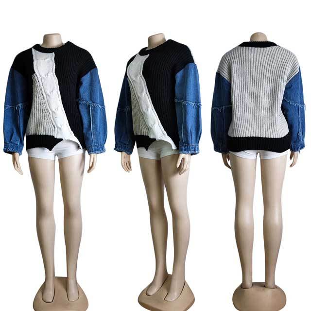 Denim Spliced Sweater Top