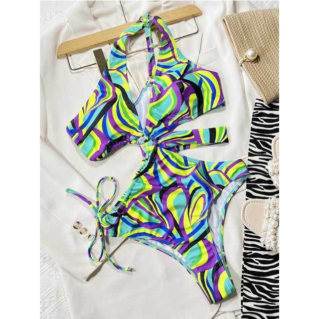 Drawstring Printed Hollow Out One Piece