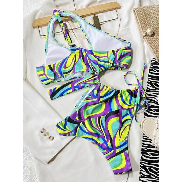 Drawstring Printed Hollow Out One Piece