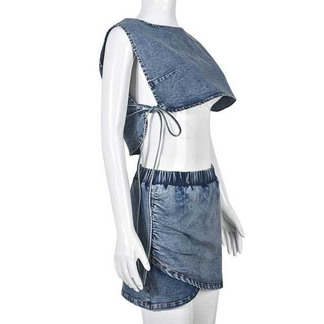 Denim Tied Top Skirt Set